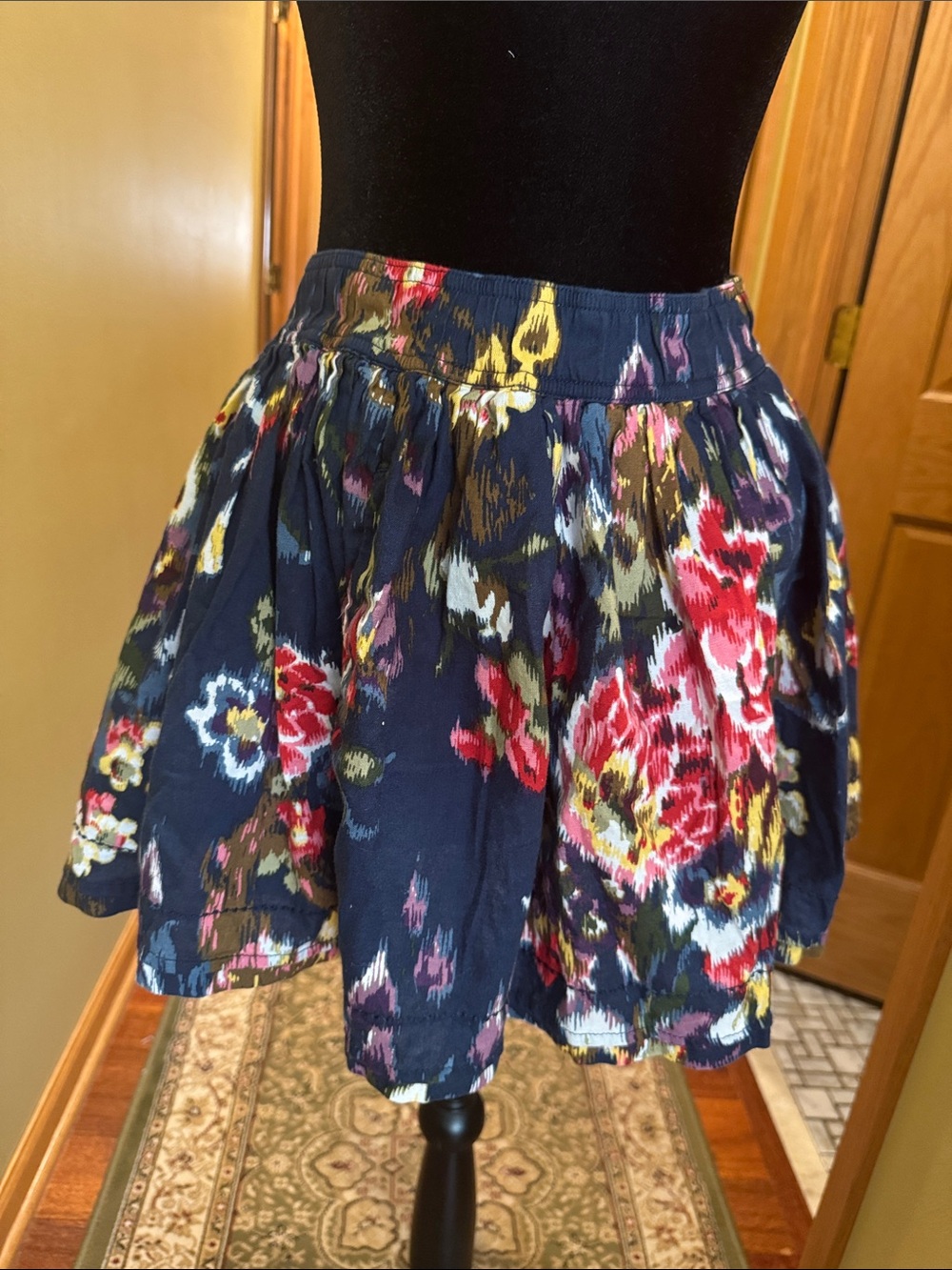 Vintage Abercrombie & Fitch Navy Floral Circle Skirt with Red and Yellow Accents